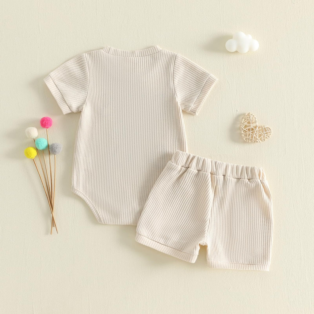 allshope Newborn Baby Boy Summer Outfit Set Dad Little Dude Embroidery Romper Jumpsuit Shorts Infant Waffle Clothes
