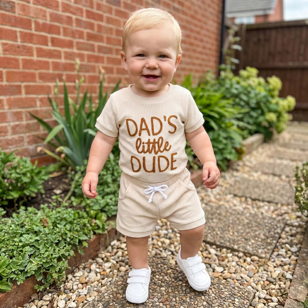 allshope Newborn Baby Boy Summer Outfit Set Dad Little Dude Embroidery Romper Jumpsuit Shorts Infant Waffle Clothes