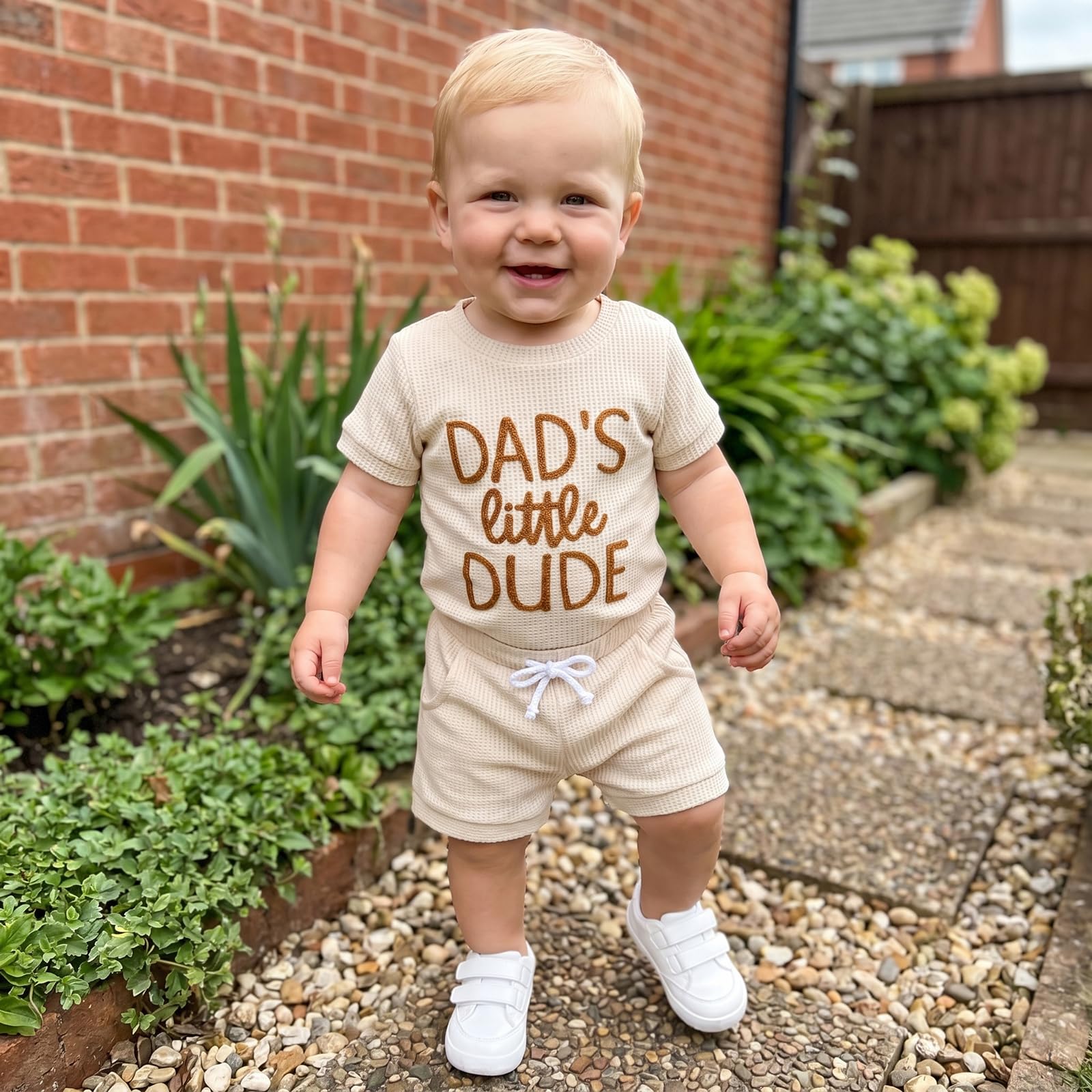 allshope Newborn Baby Boy Summer Outfit Set Dad Little Dude Embroidery Romper Jumpsuit Shorts Infant Waffle Clothes