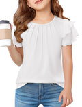 Arshiner Girls T Shirts Ruffle Short Sleeve Summer Pleated Crewneck Casual Tops Tees Blouses