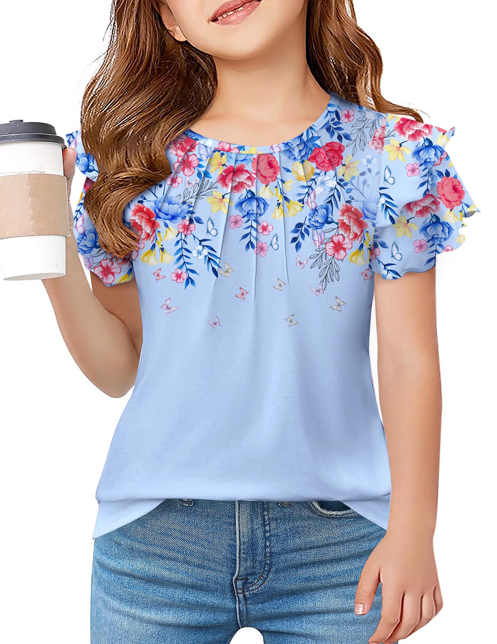 Arshiner Girls T Shirts Ruffle Short Sleeve Summer Pleated Crewneck Casual Tops Tees Blouses