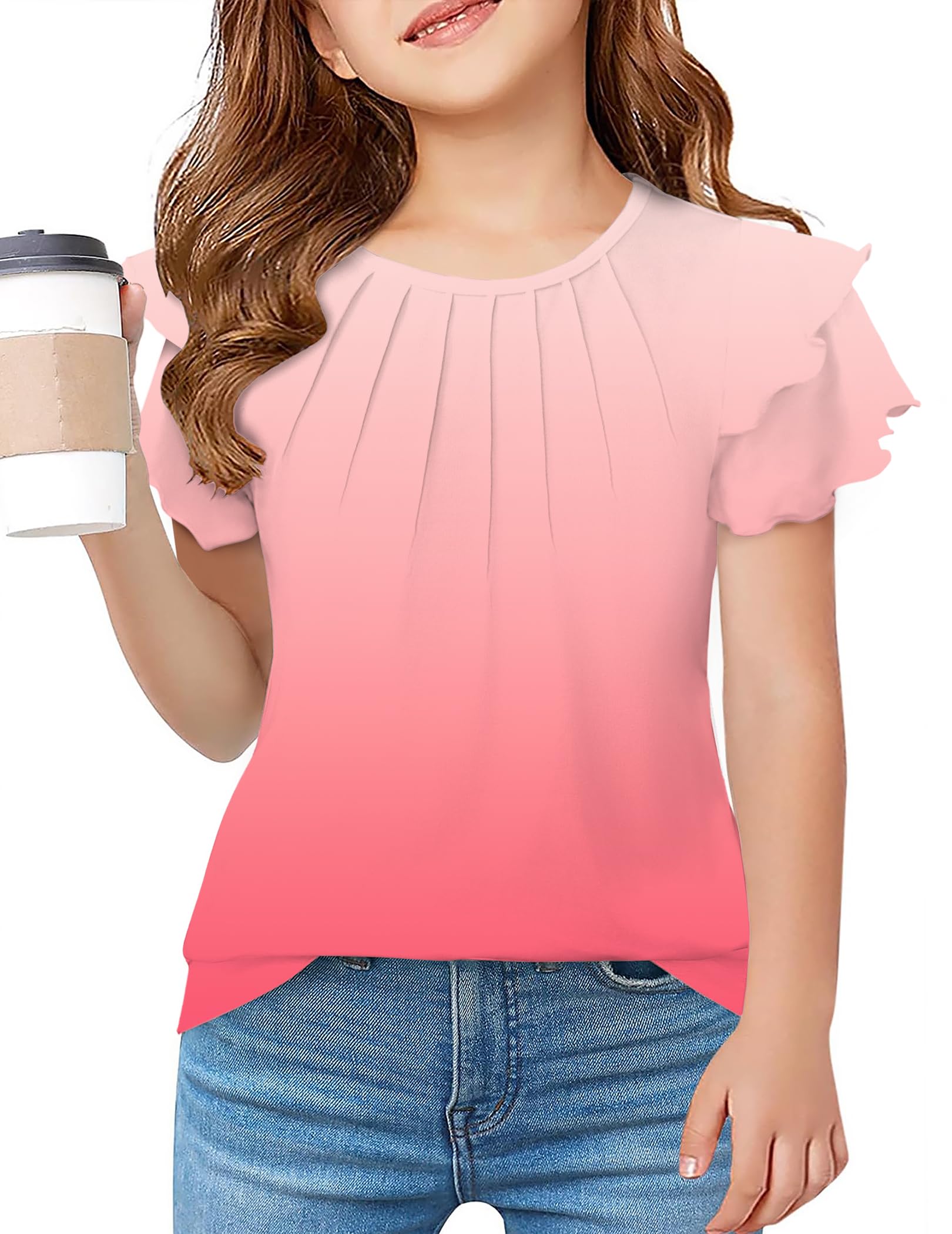 Arshiner Girls T Shirts Ruffle Short Sleeve Summer Pleated Crewneck Casual Tops Tees Blouses