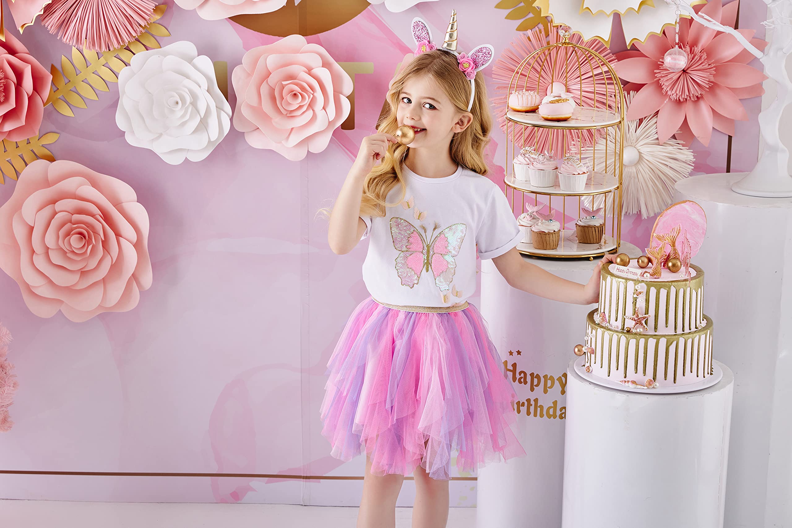 DXTON Girls Rainbow Flower Tulle Skirt Toddler Tutu Girls Clothes