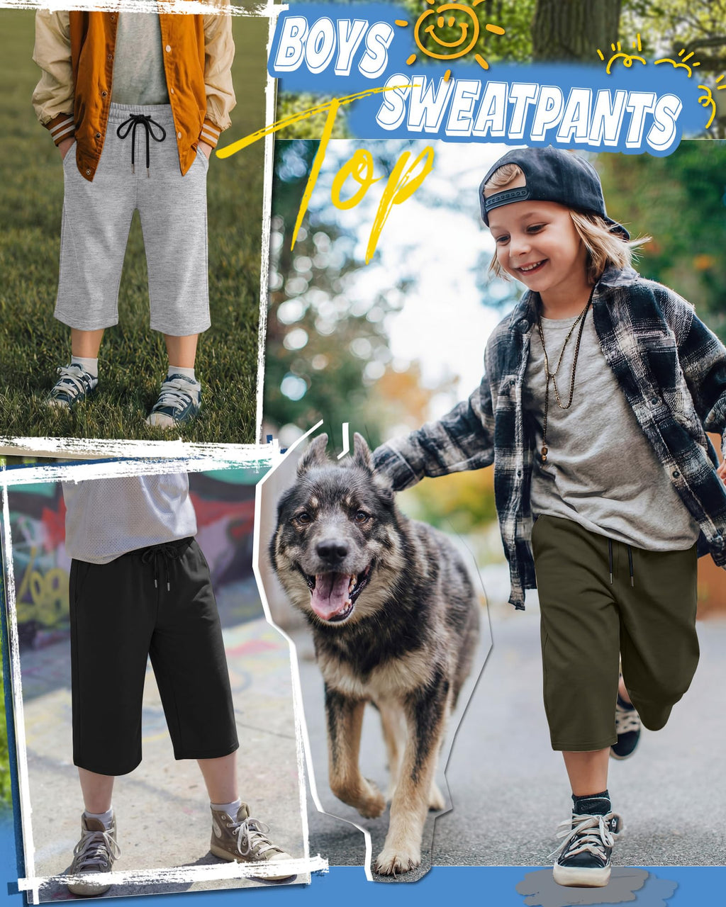 LessonZoo 3 Pack Boys Capri Pants Teen Kids Wide Leg Drawstring Joggers Below Knee Shorts 3/4 Baggy Sweatpants with Pockets