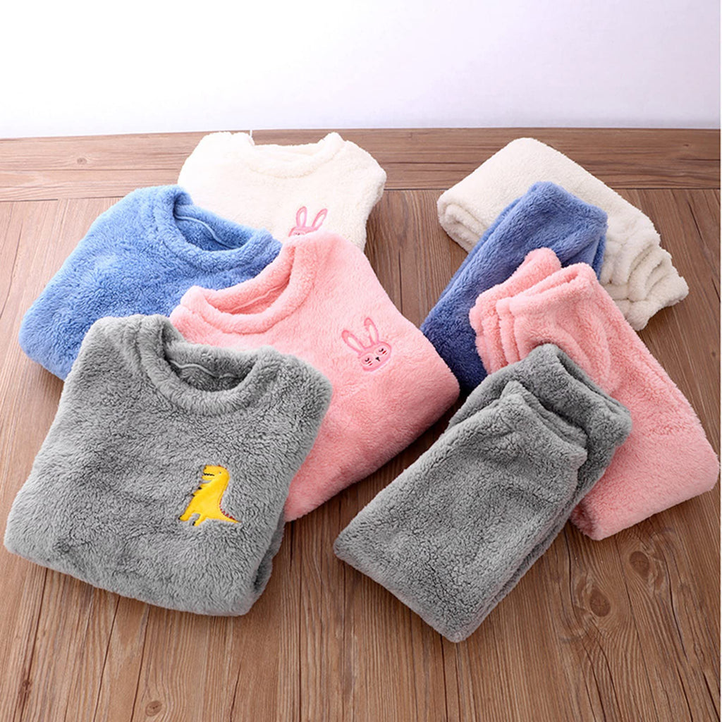 Kids Toddler Pajamas Boys Girls Fleece Pajama Set Winter Warm Sleepwear Pjs Set Plush Tops+Pants Outfits Loungewear