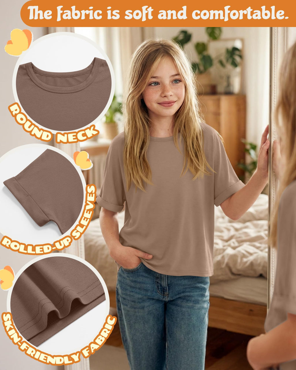 LessonZoo 4 Pack Girls' Oversized T-Shirts Rolled Short Sleeve Shirts Loose Fit Crew Neck Tops Casual Basic 5-14 Years Tees