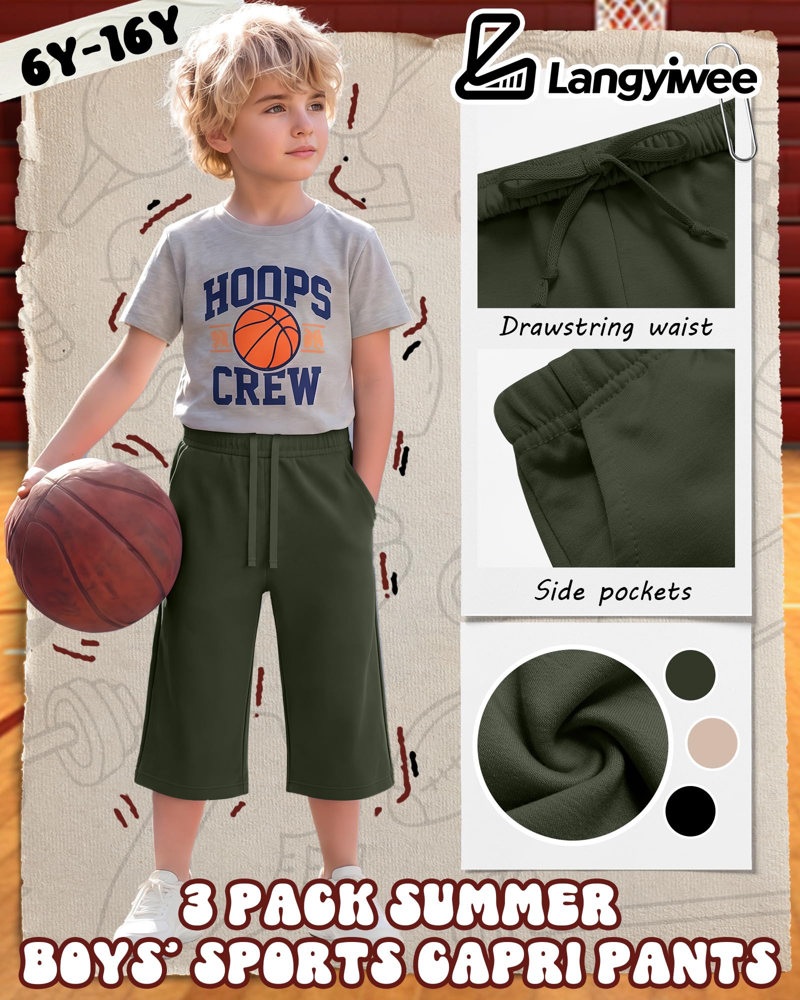 Langyiwee 3 Pack Boy's Long Shorts Wide Leg Athletic Lightweight Capri Pants with Pockets for 6-16 Years