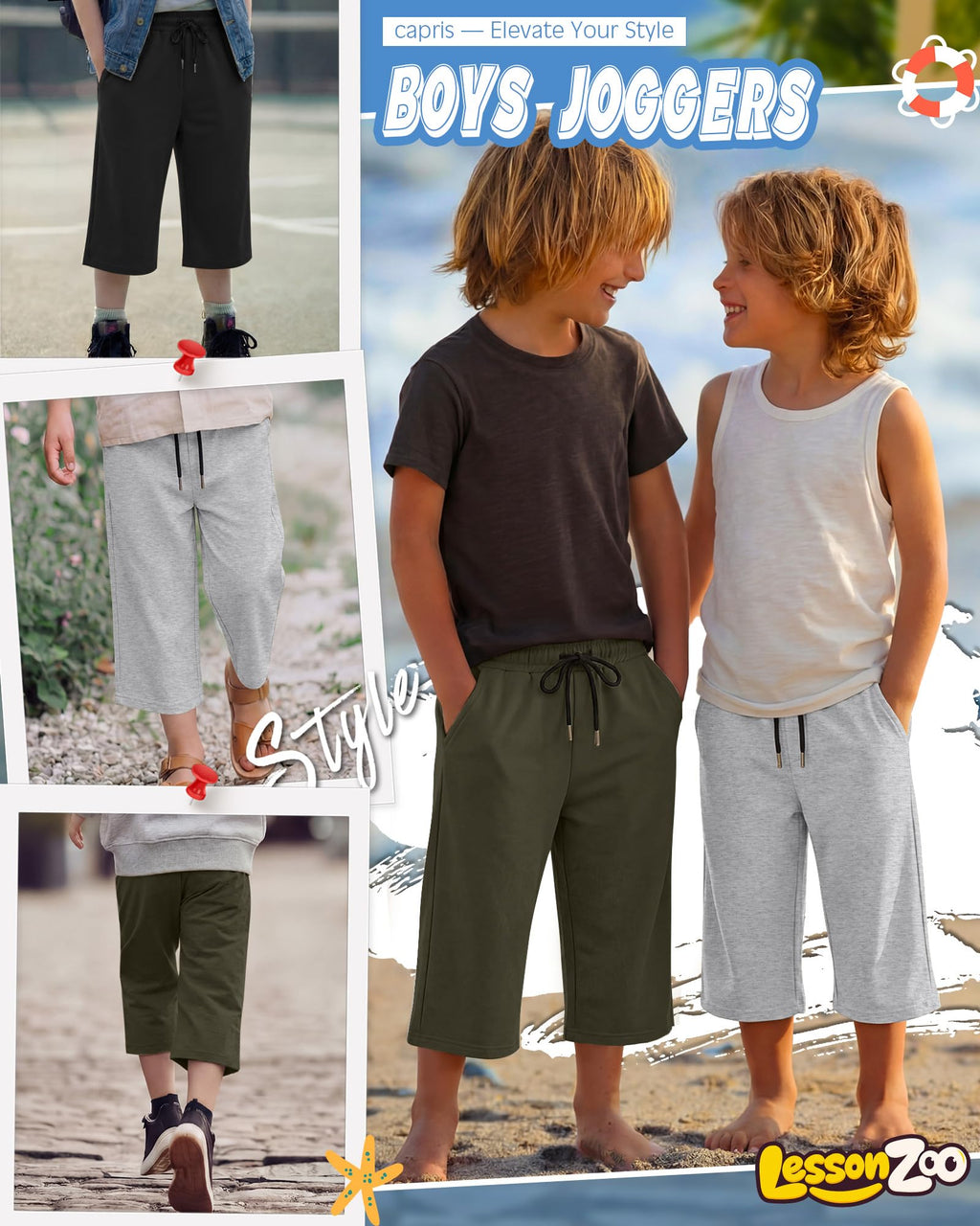 LessonZoo 3 Pack Boys Capri Pants Teen Kids Wide Leg Drawstring Joggers Below Knee Shorts 3/4 Baggy Sweatpants with Pockets