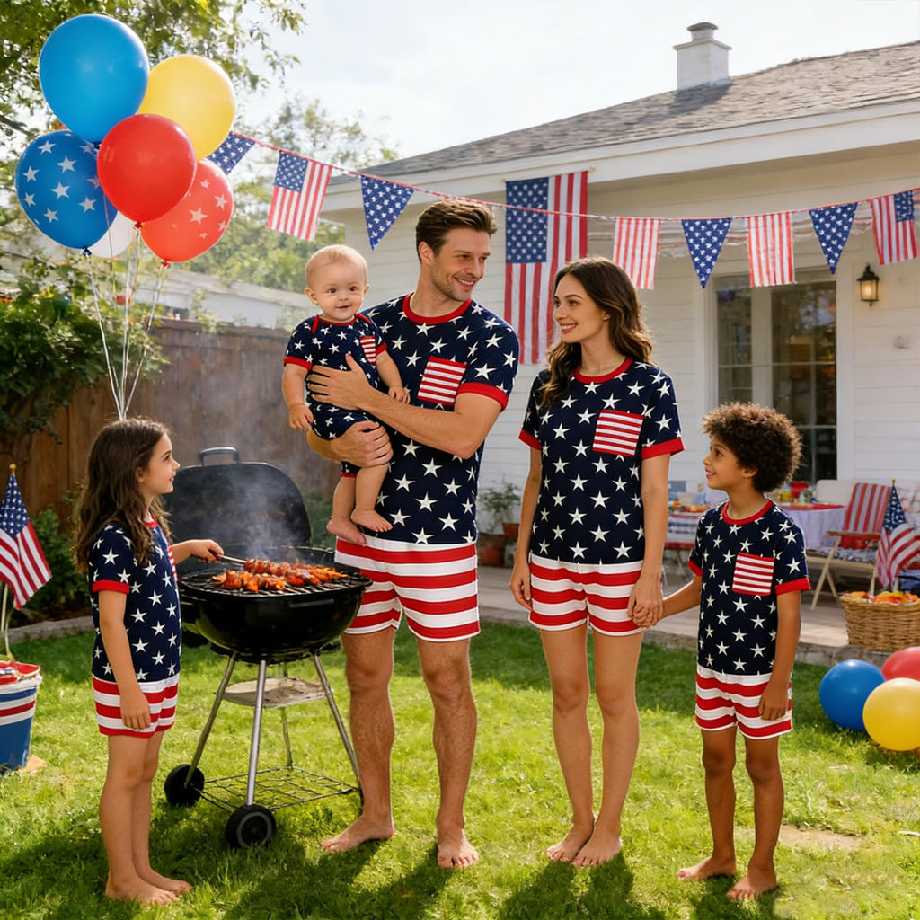 Family Matching 4th of July Pajamas Set - American Flag Stars Stripes Short Sleeve Summer Sleepwear Loungewear