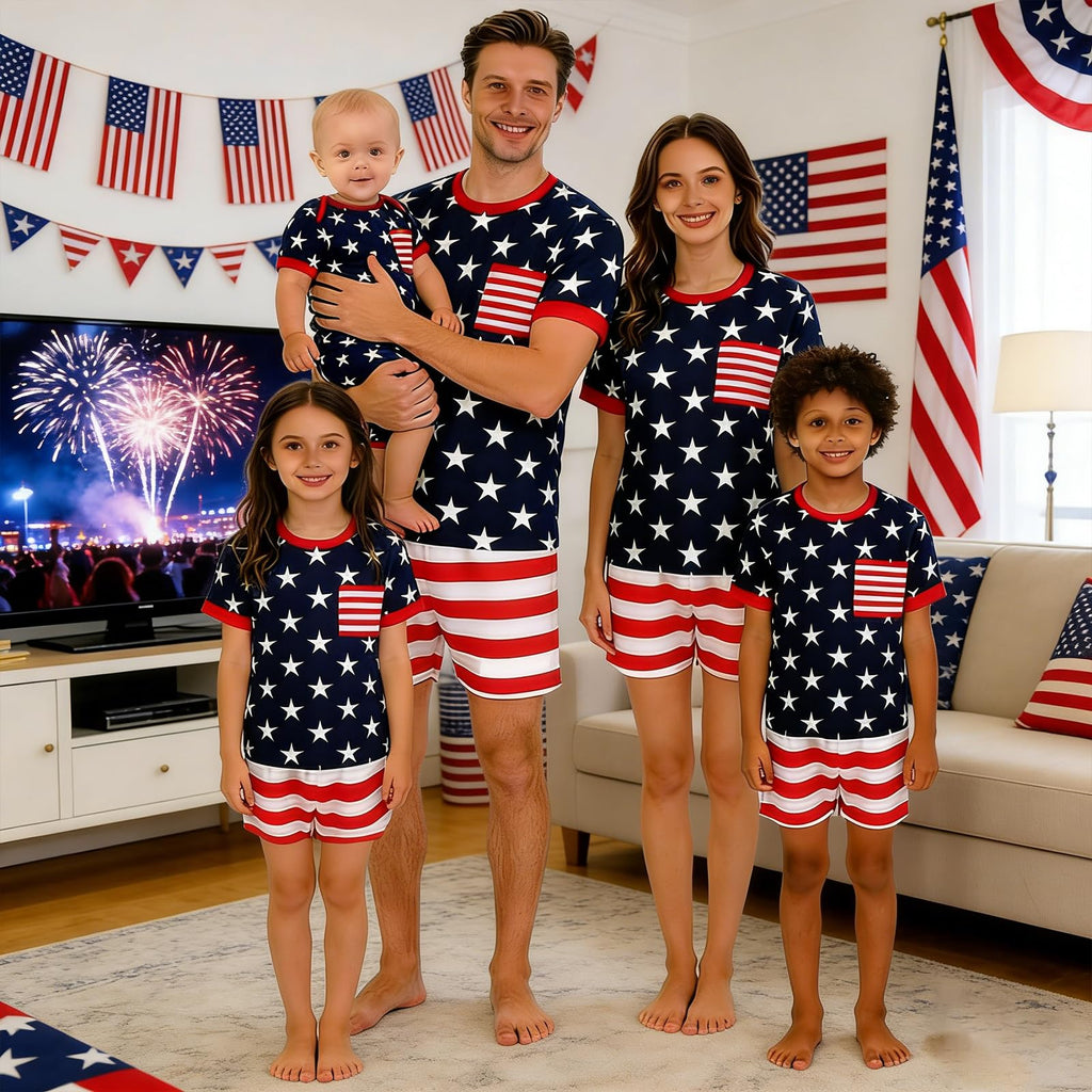Family Matching 4th of July Pajamas Set - American Flag Stars Stripes Short Sleeve Summer Sleepwear Loungewear