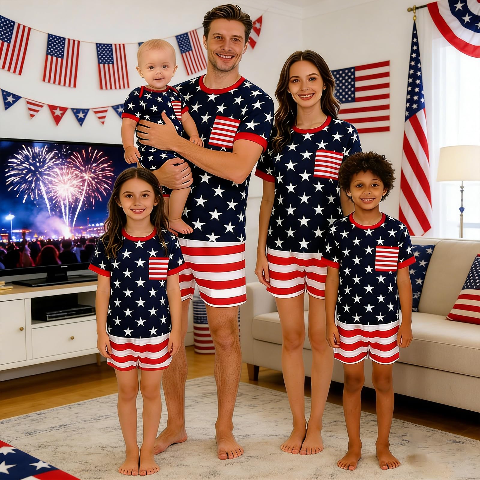 Family Matching 4th of July Pajamas Set - American Flag Stars Stripes Short Sleeve Summer Sleepwear Loungewear