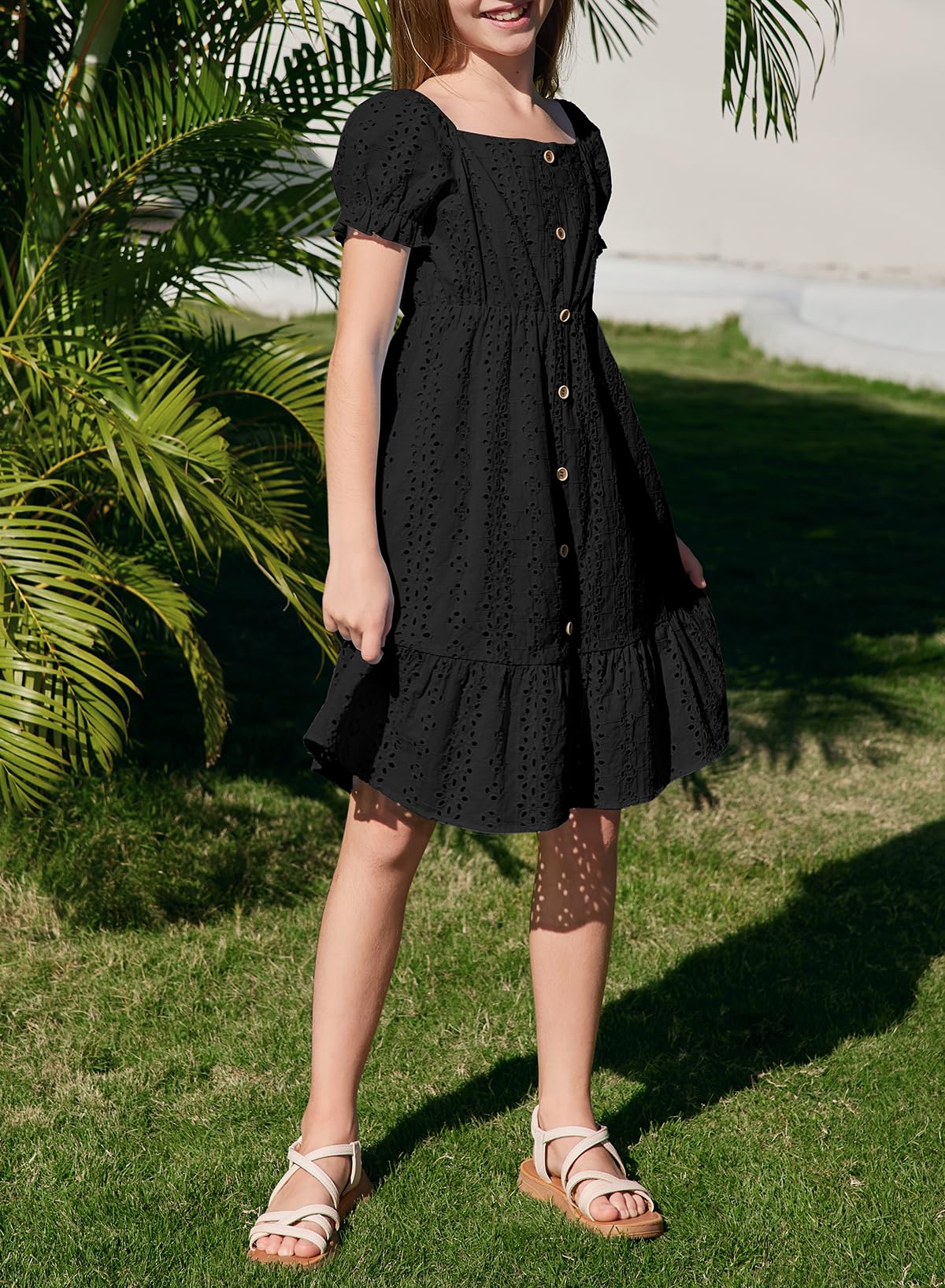 DOKOTOO KIDS Girls Dresses Summer Short Sleeve Casual A-line Button Down Eyelet Midi Dress 6-15 Years
