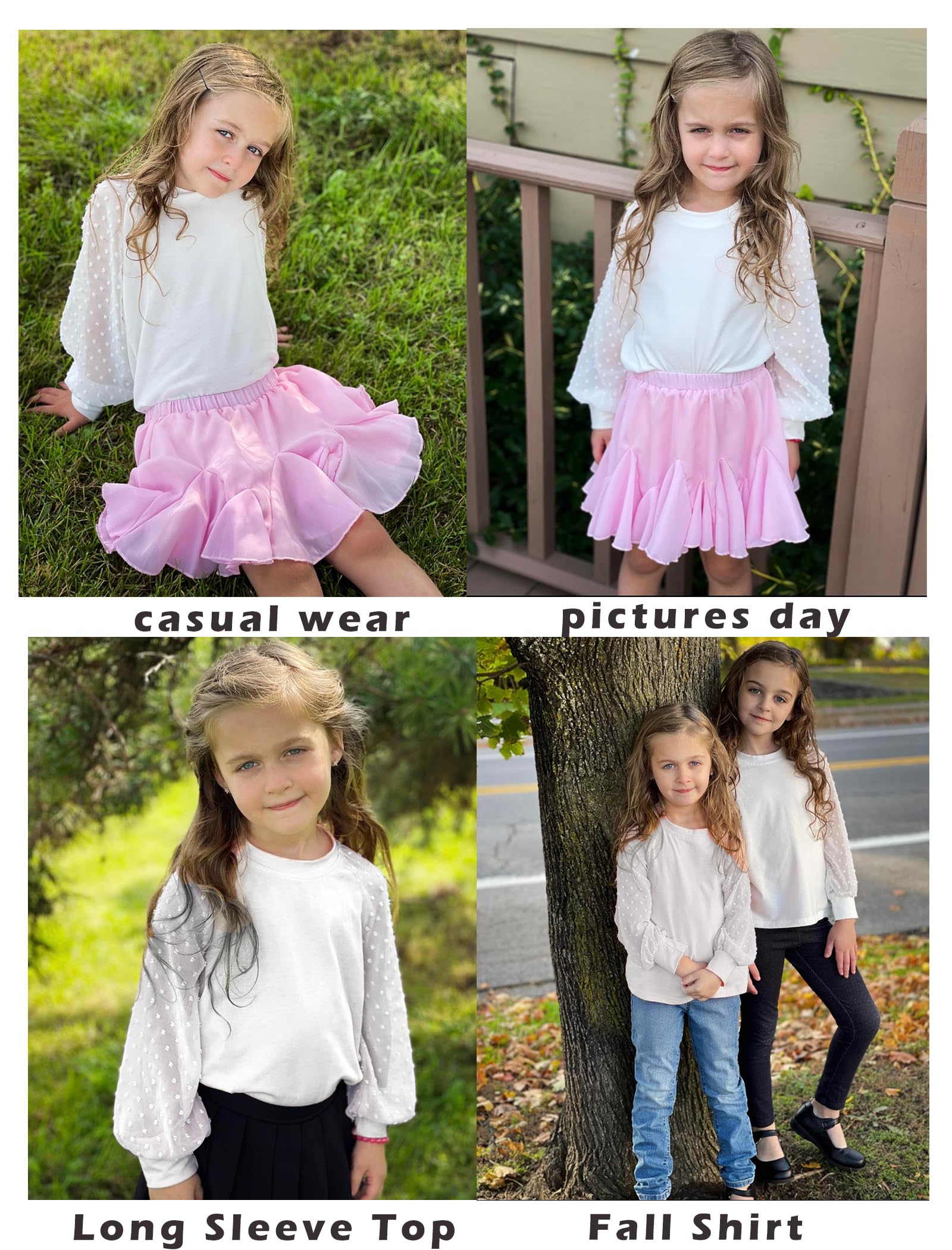 Yekaty Girls Shirts Casual Solid Color Crewneck Blouses Soft Long Sleeve Swiss Dots Chiffon Tops