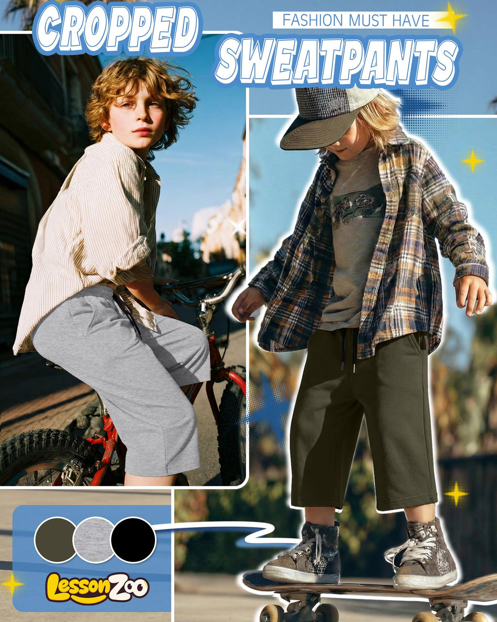 LessonZoo 3 Pack Boys Capri Pants Teen Kids Wide Leg Drawstring Joggers Below Knee Shorts 3/4 Baggy Sweatpants with Pockets