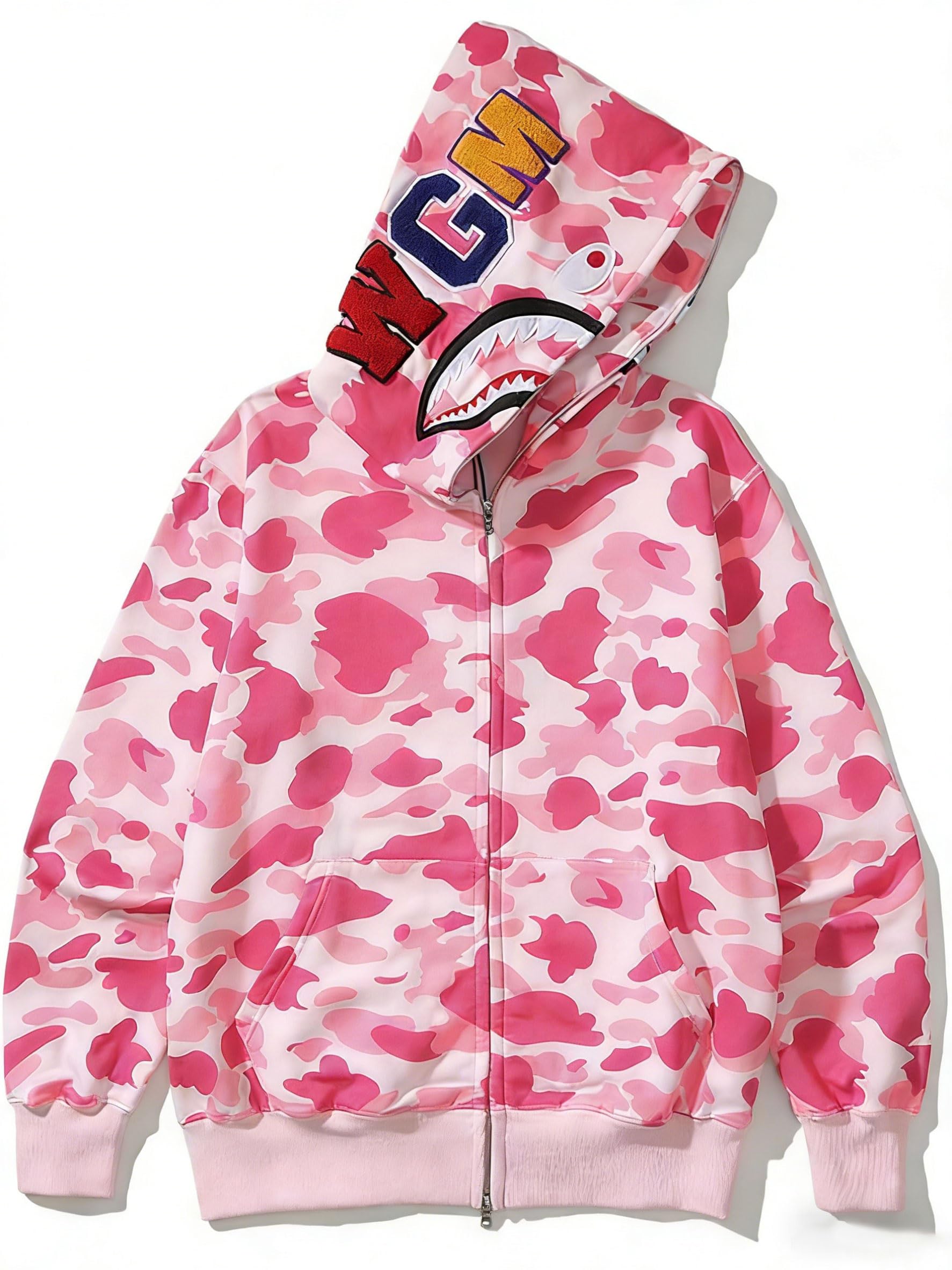 RICK TOP ONE Unisex Camouflage Hoodie with Shark Embroidery, Full Zip, Lightweight Couple sweatshirts heavyweight hoodie