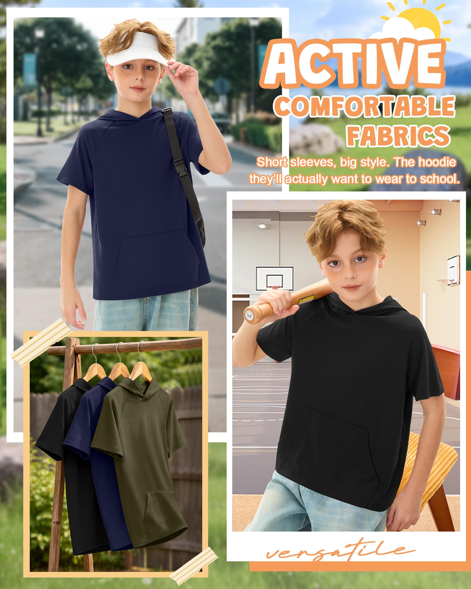 Xaatren 3 Pack Boys Short Sleeve Hoodie Kids Summer Hooded Pullover Shirts with Pocket Teen Athletic Hoodie Sweatshirt