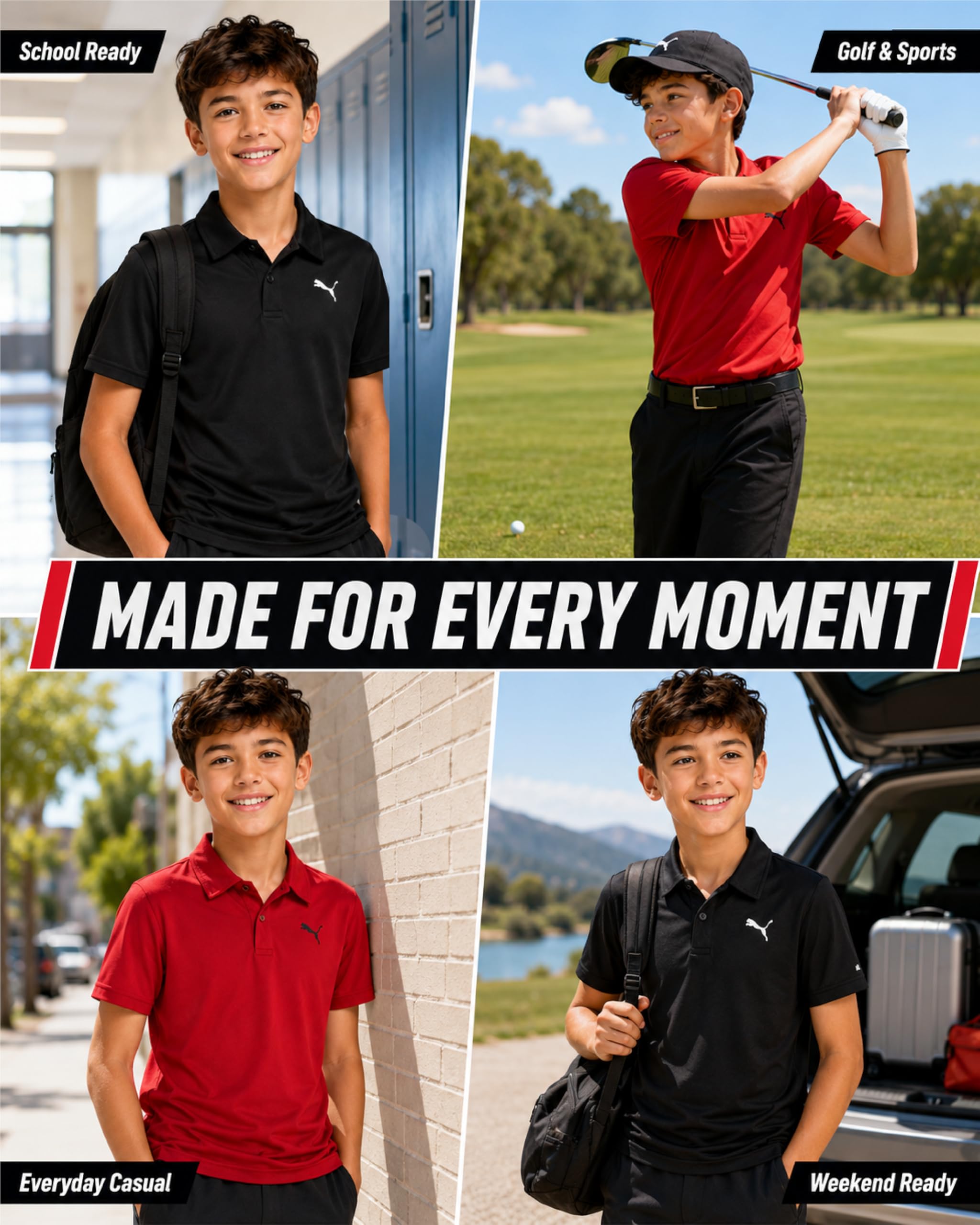 PUMA Boys Polo Shirt - 2 Pack Athletic Performance Short Sleeve Boys Golf Shirts - Cool Casual Collared Shirts