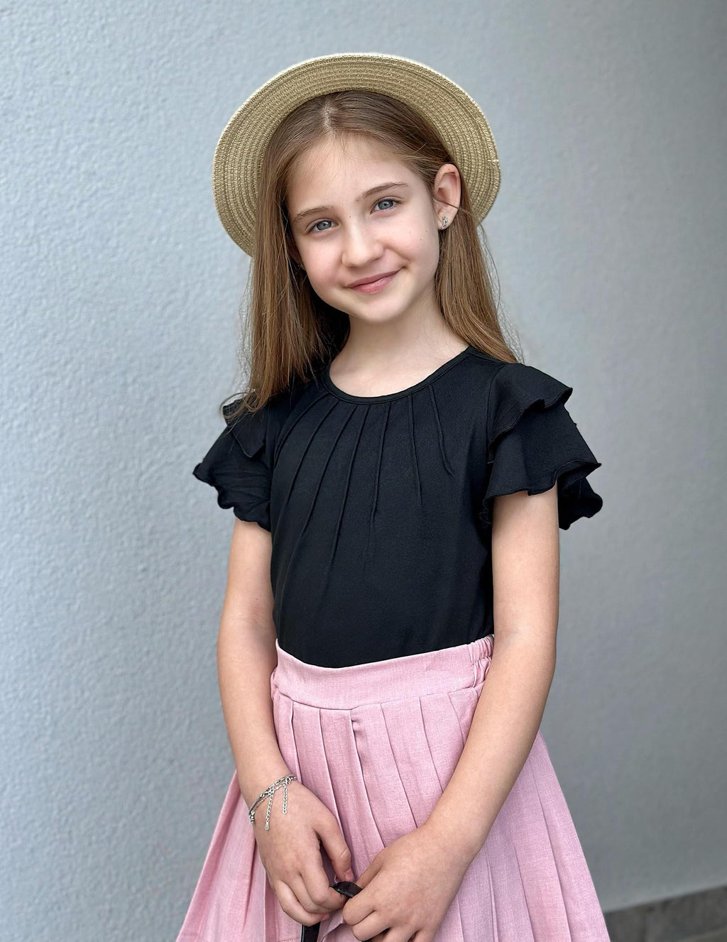 Arshiner Girls T Shirts Ruffle Short Sleeve Summer Pleated Crewneck Casual Tops Tees Blouses