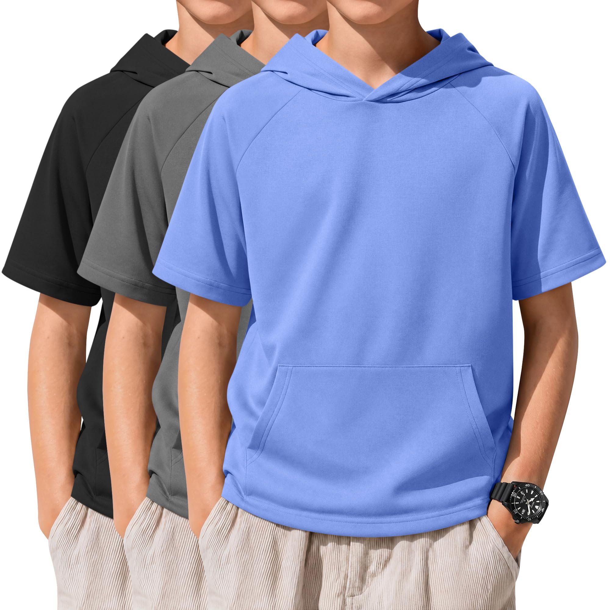 Xaatren 3 Pack Boys Short Sleeve Hoodie Kids Summer Hooded Pullover Shirts with Pocket Teen Athletic Hoodie Sweatshirt