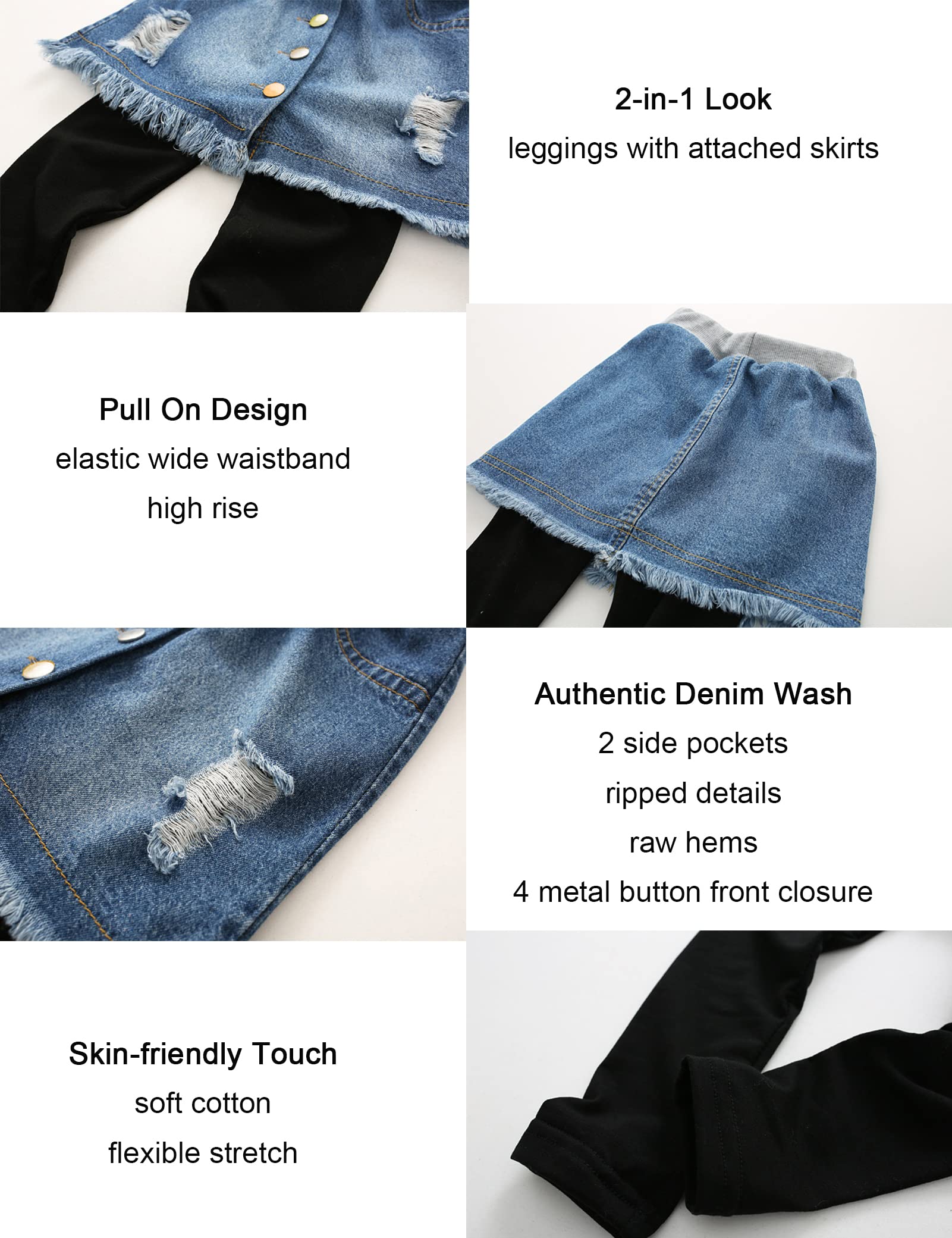 Kiench Girls' Leggings with Denim Skirts Attached Pants Footless Tights