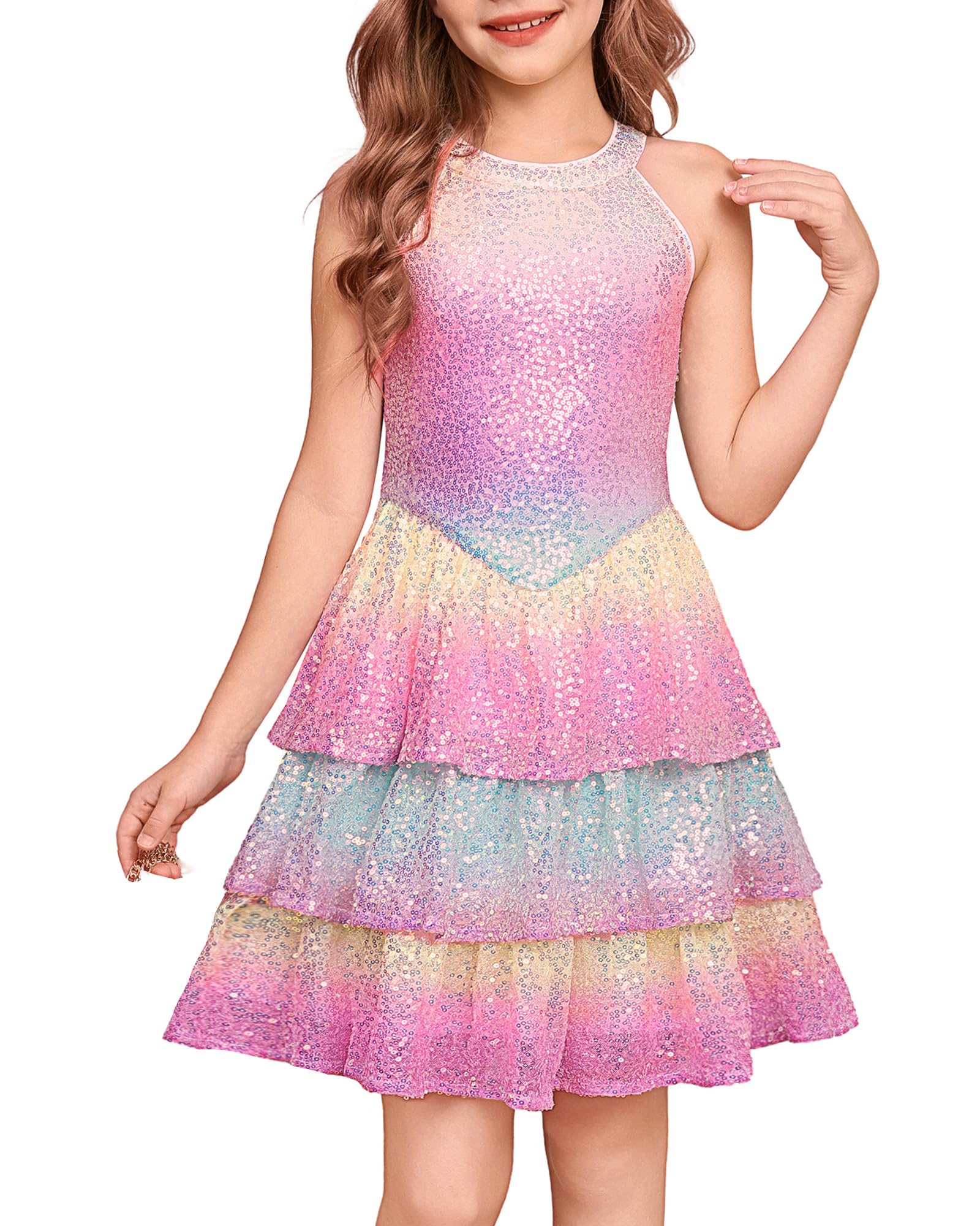 GRACE KARIN Girls Sequin Party Dress Kids Sparkly Formal Birthday Teen Special Occasion Fancy Pageant Dresses Size 6-14