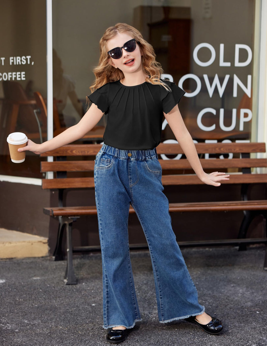 Arshiner Girls T Shirts Ruffle Short Sleeve Summer Pleated Crewneck Casual Tops Tees Blouses