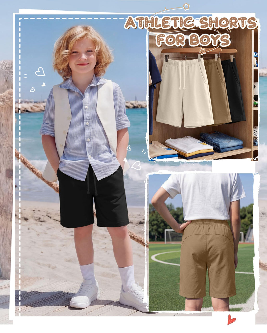 Langyiwee 3 Pack Boys Shorts Kids Baggy Athletic Sweat Shorts with Pockets Elastic Waist Summer Casual Joggers, 6-16 Years