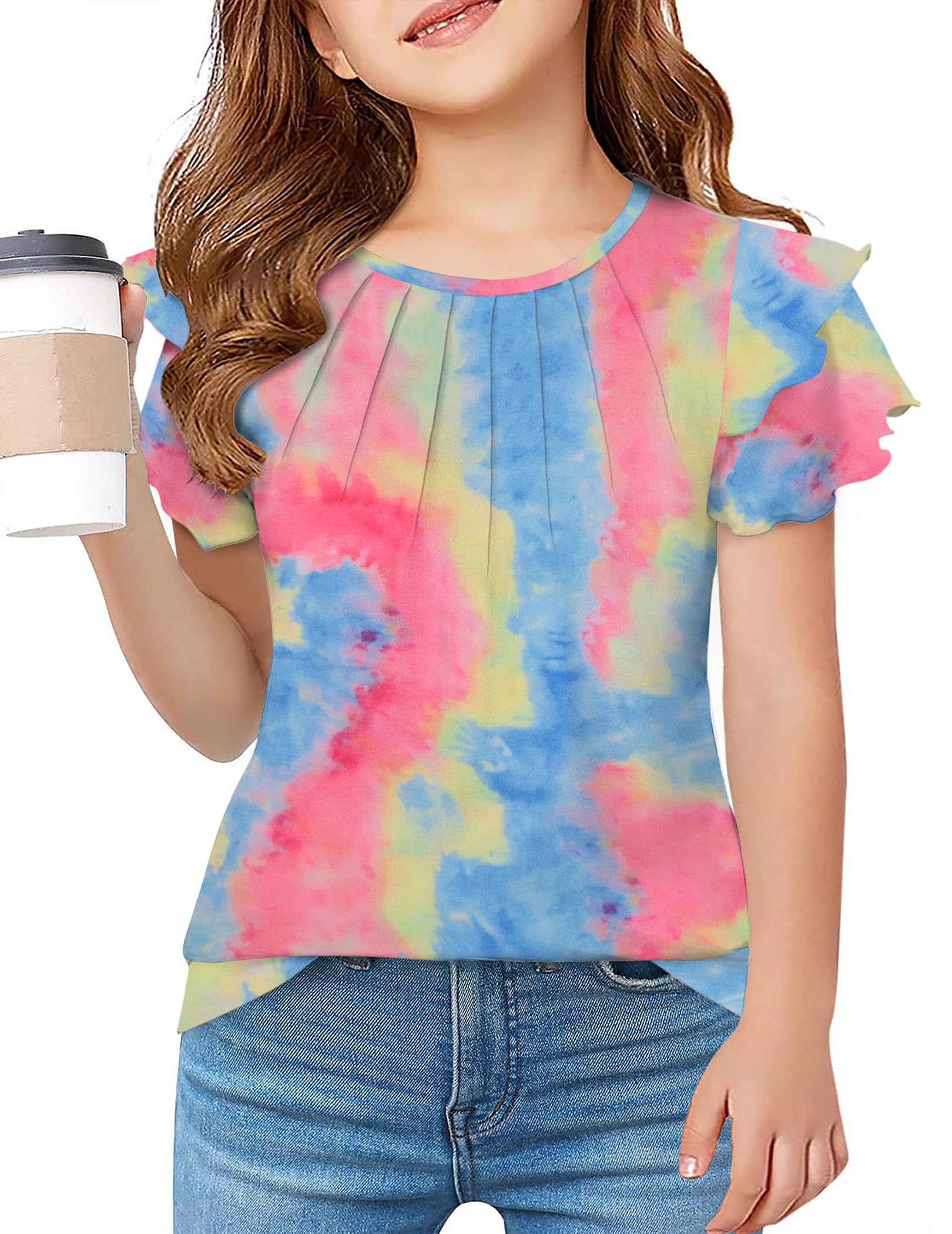 Arshiner Girls T Shirts Ruffle Short Sleeve Summer Pleated Crewneck Casual Tops Tees Blouses