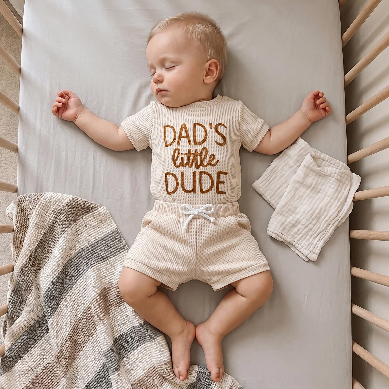 allshope Newborn Baby Boy Summer Outfit Set Dad Little Dude Embroidery Romper Jumpsuit Shorts Infant Waffle Clothes
