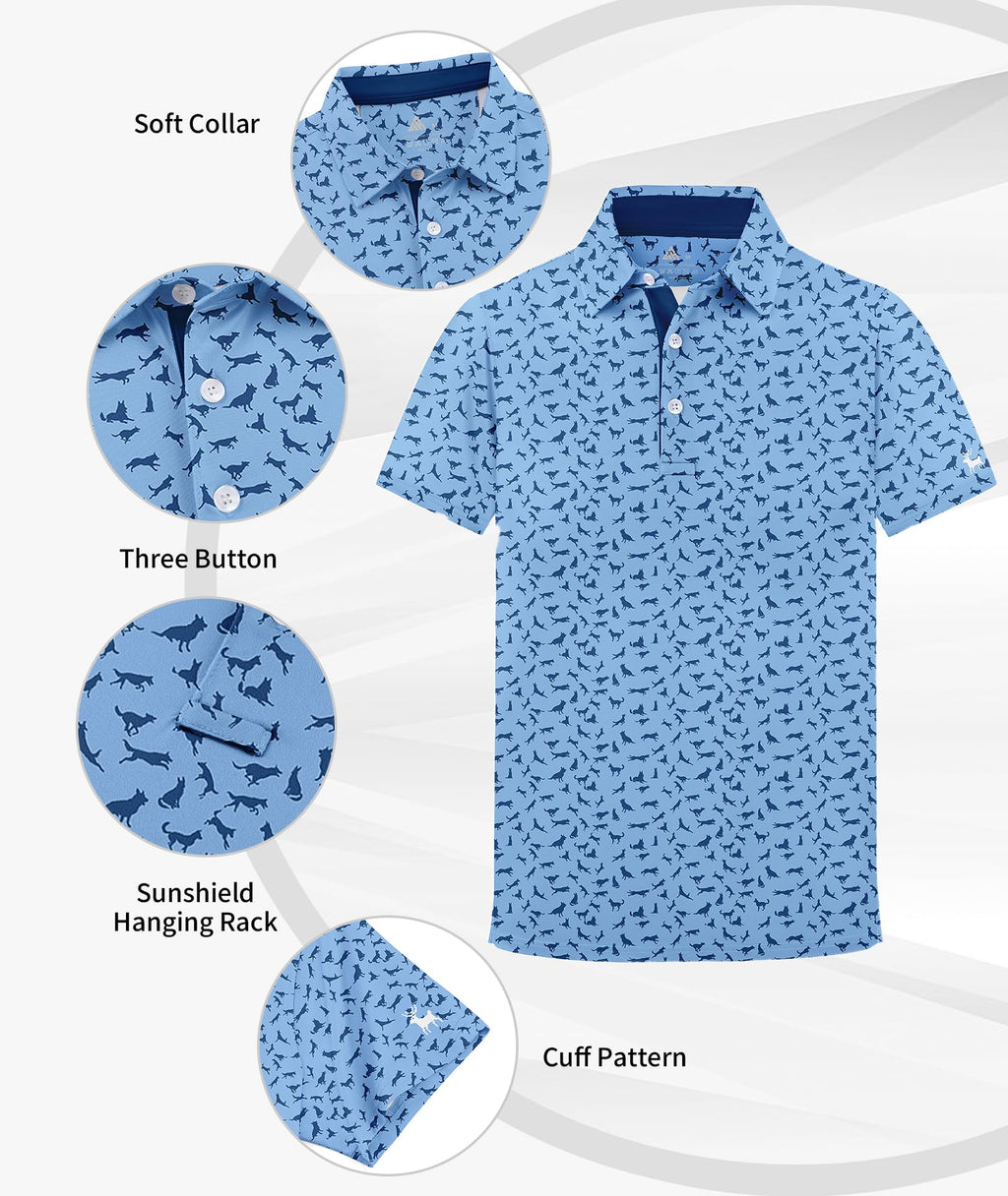 ZITY Boys Golf Polo Shirts Short Sleeve UPF 50+ Print Pattern Shirts for Youth Kids Funny School Uniform Collared T-Shirt