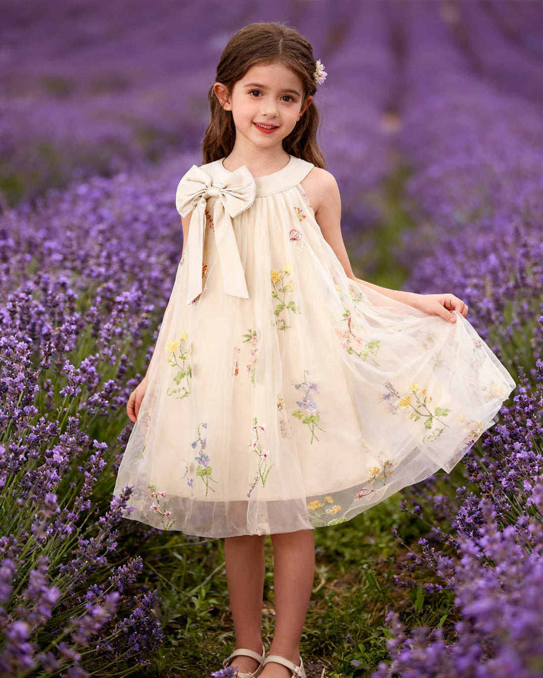 Girls Halter-Neck Bow Embroidered Flower Girl Dress