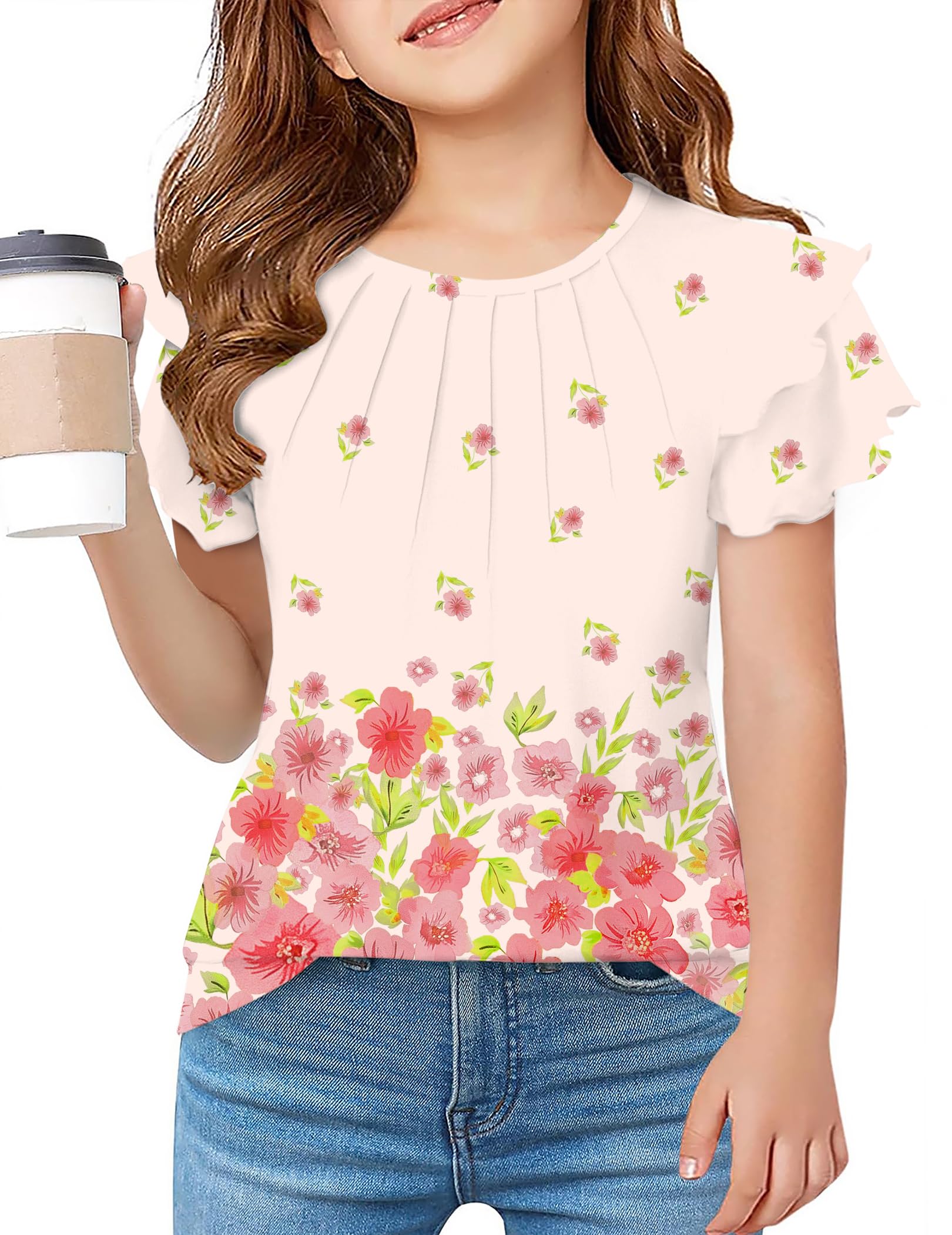 Arshiner Girls T Shirts Ruffle Short Sleeve Summer Pleated Crewneck Casual Tops Tees Blouses