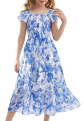 GRACE KARIN Girls Flutter Sleeve Floral Dresses Girl Long Midi Spring Dress Kids Smocked Flare Summer Dress 6-16Y