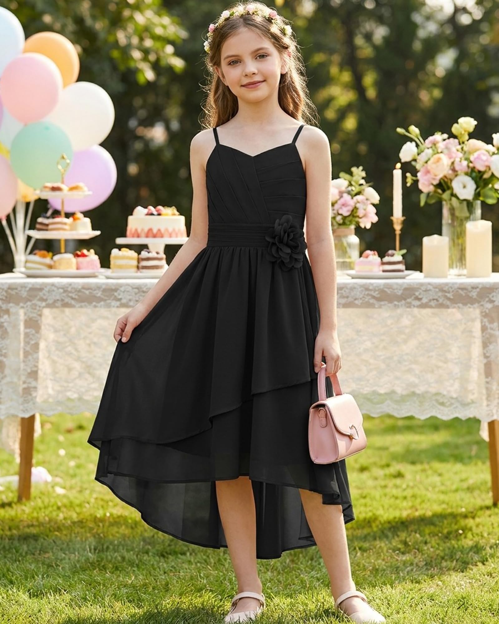 GRACE KARIN Girls Chiffon Summer Dresses Teen Long Party Formal Dress Flower Bridesmaid Straps Shirred High Low Clothes 6-14