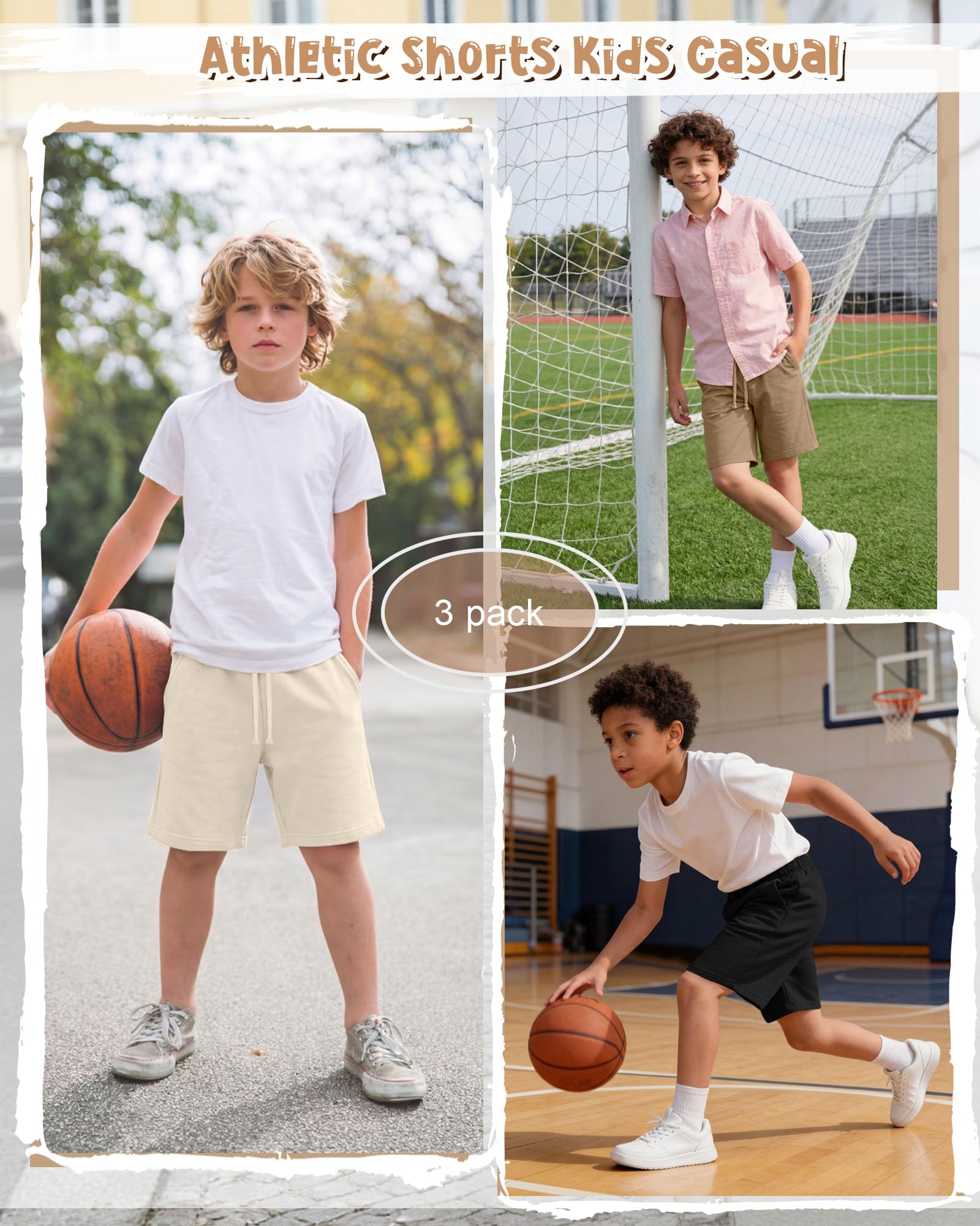 Langyiwee 3 Pack Boys Shorts Kids Baggy Athletic Sweat Shorts with Pockets Elastic Waist Summer Casual Joggers, 6-16 Years