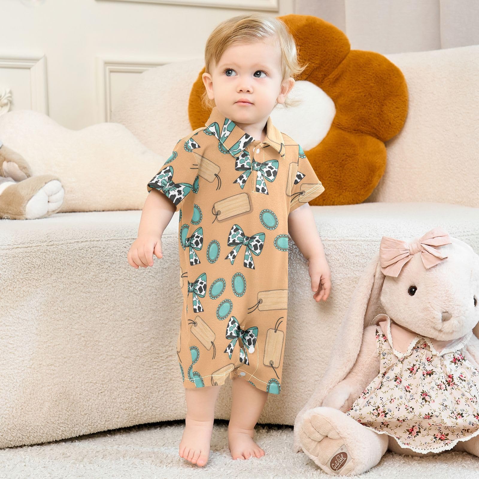 JULYTO Baby Boy Girls Romper Short Sleeve Bow Tags Gems Bodysuit Newborn One-Piece Outfits 3-24M,