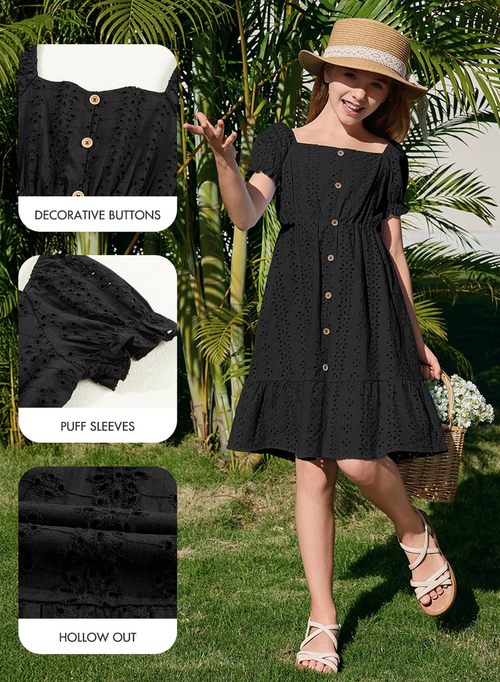 DOKOTOO KIDS Girls Dresses Summer Short Sleeve Casual A-line Button Down Eyelet Midi Dress 6-15 Years