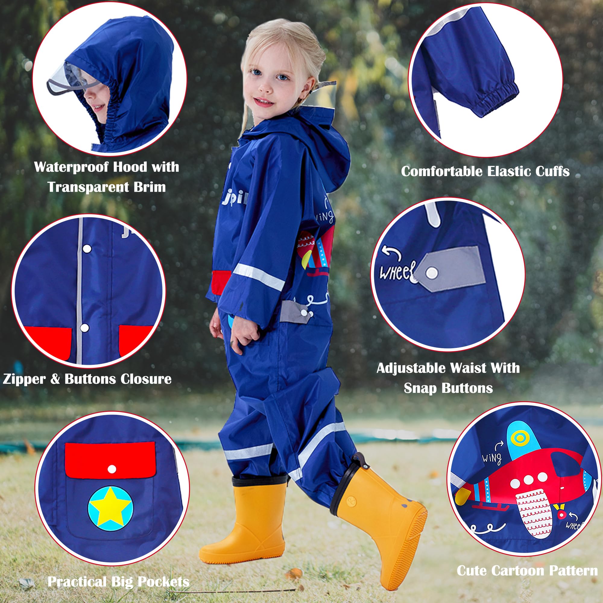 Toddler Rain Suit Boys Girls One Piece Raincoat Cartoon Waterproof Coverall Kids Rainwear S-XXL Size
