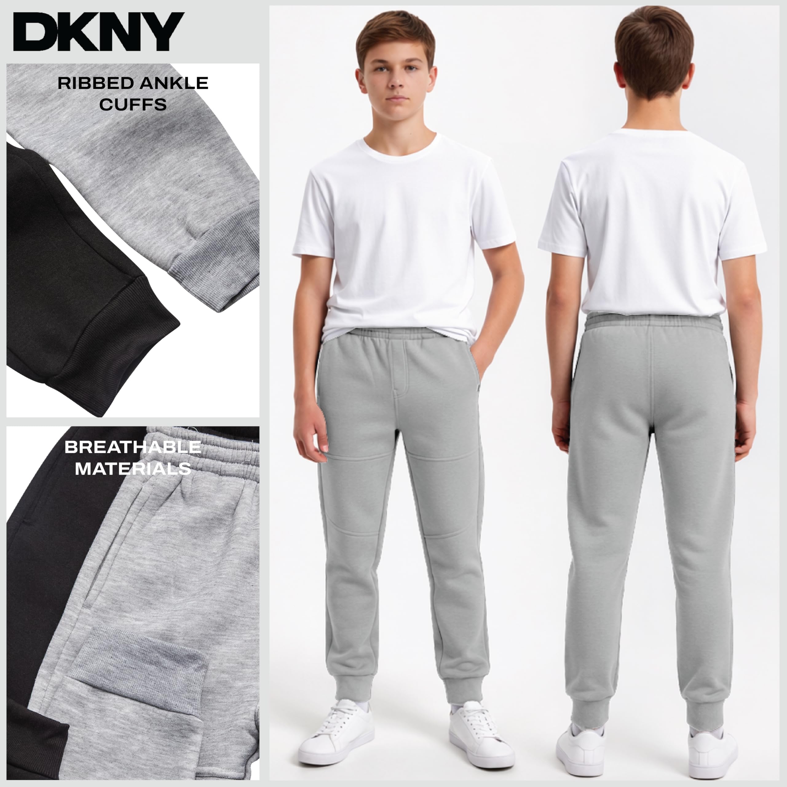 DKNY Boys Sweatpants - 2 Pack Active Performance Soft Fleece Boys Joggers Athletic Pants with Elastic Waistband and Pockets