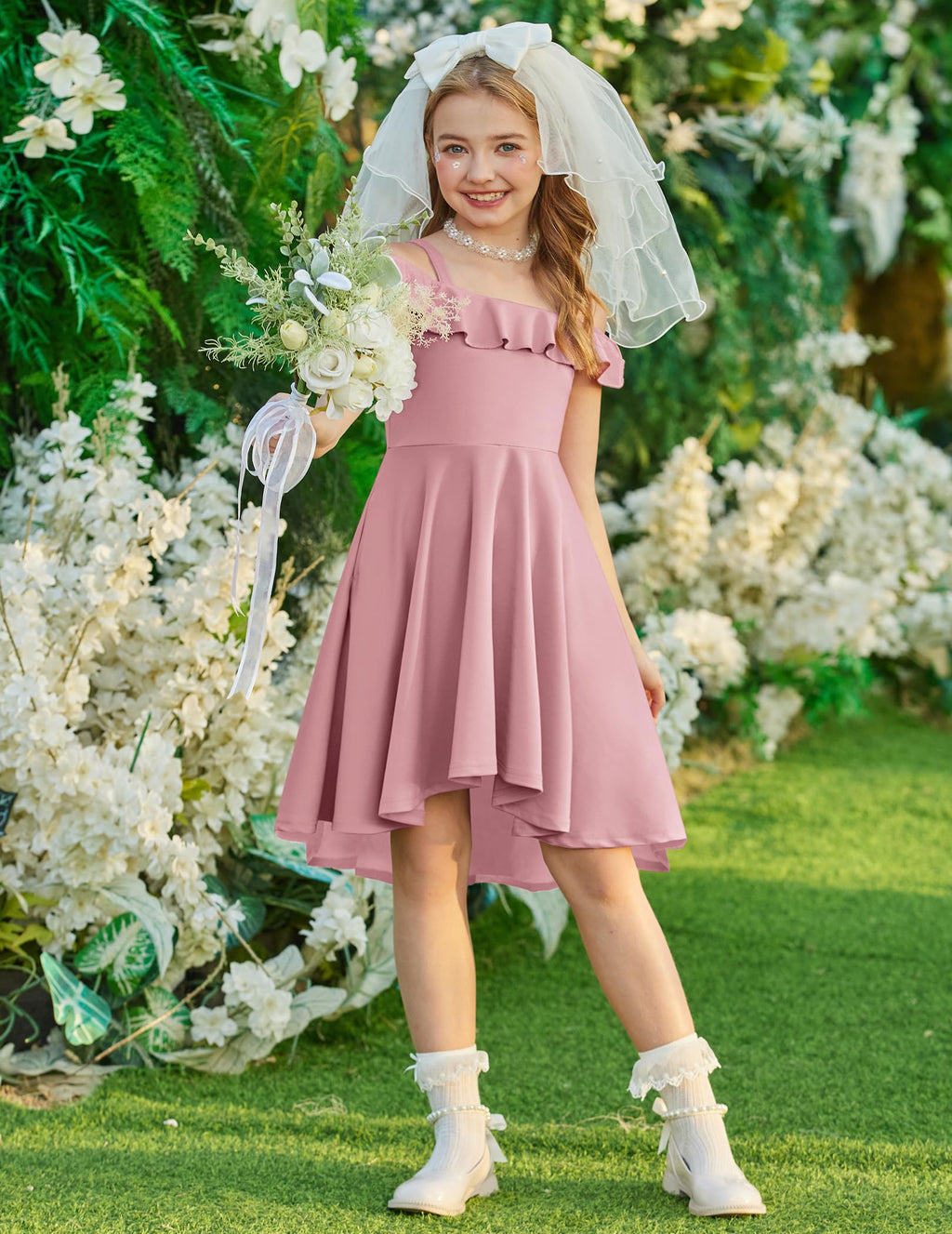 Arshiner Girls Summer Dress Off Shoulder Flutter Sleeve Midi Swing Cassual Formal Dresses with Pocket