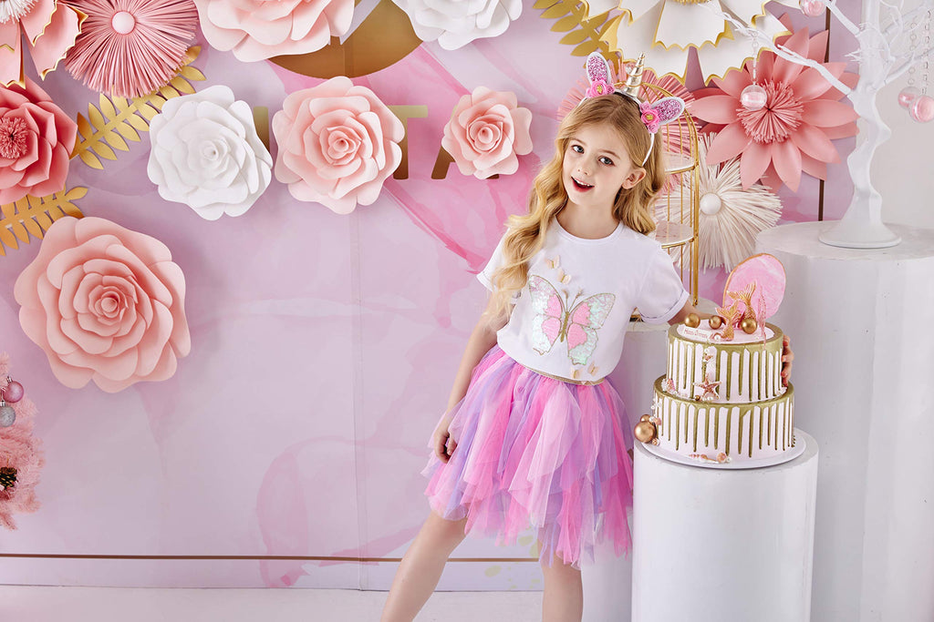 DXTON Girls Rainbow Flower Tulle Skirt Toddler Tutu Girls Clothes