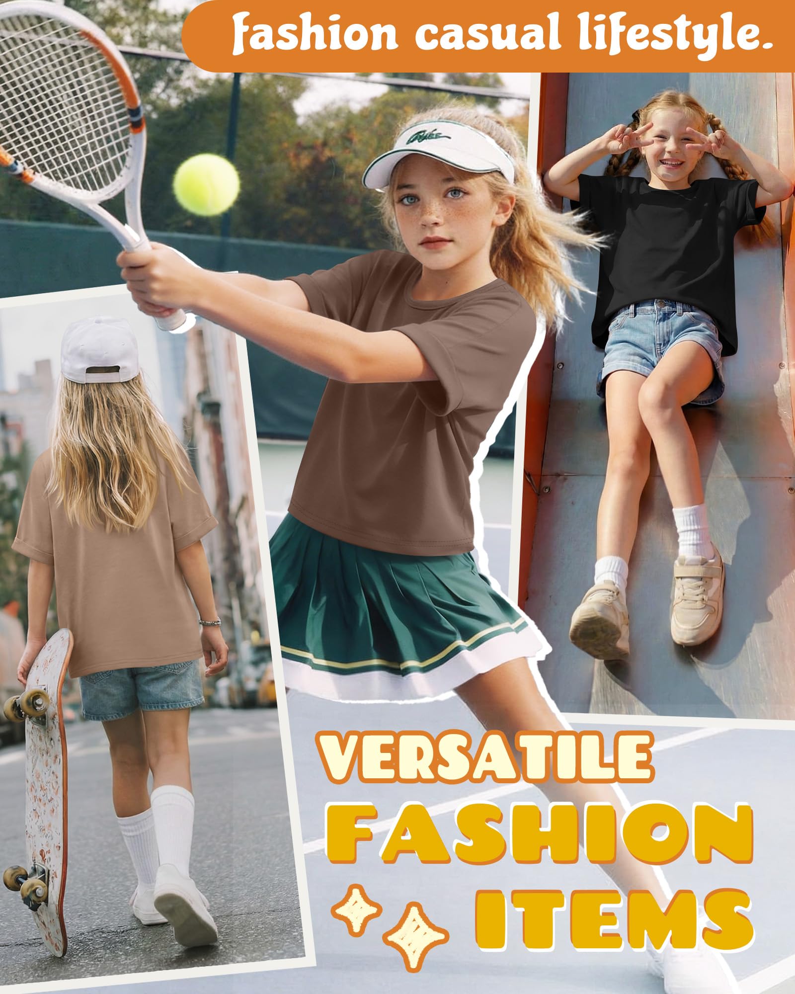 LessonZoo 4 Pack Girls' Oversized T-Shirts Rolled Short Sleeve Shirts Loose Fit Crew Neck Tops Casual Basic 5-14 Years Tees